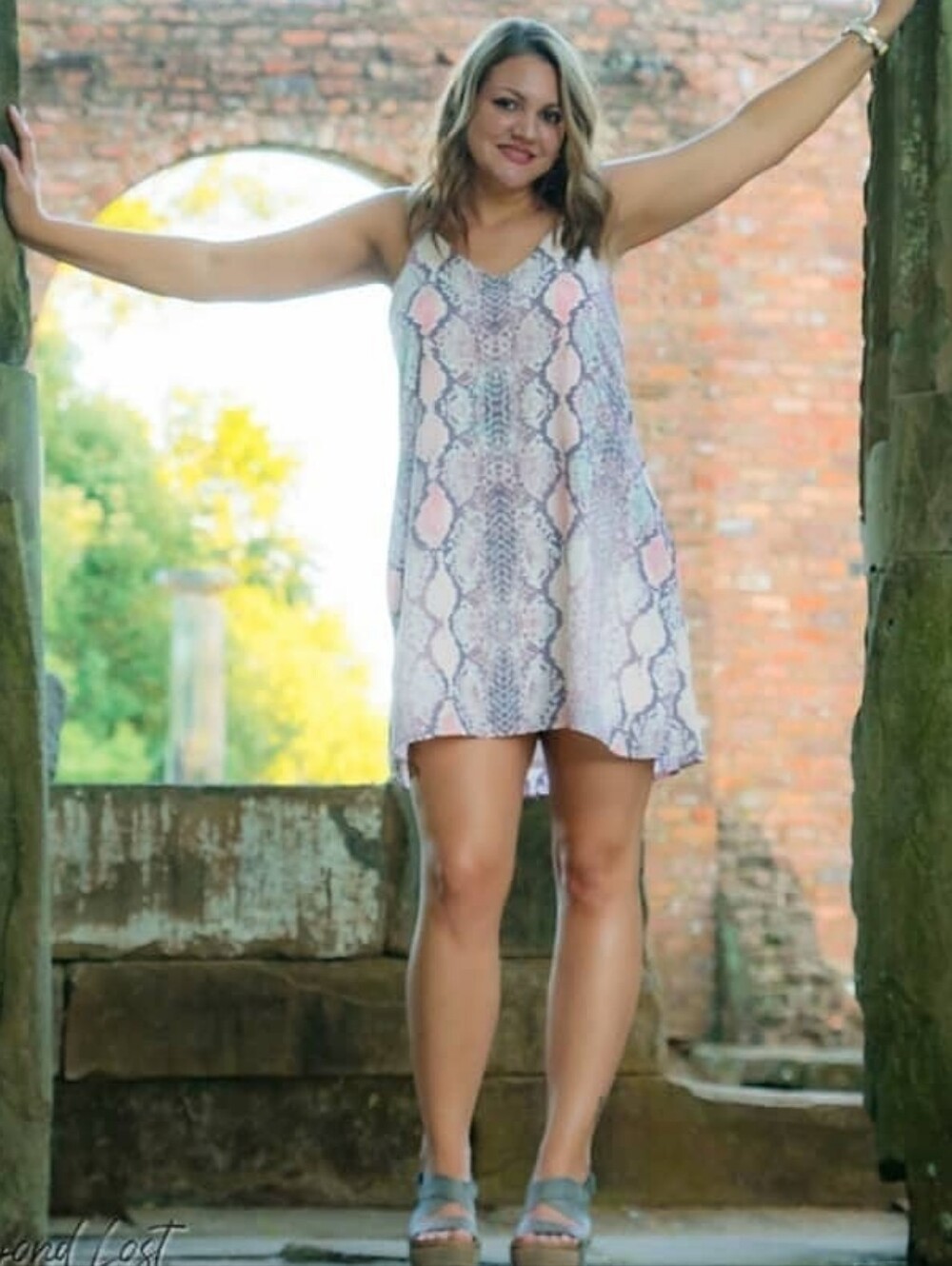 Peach Love California Pink & Gray Snake-Print Strappy Mini Dress